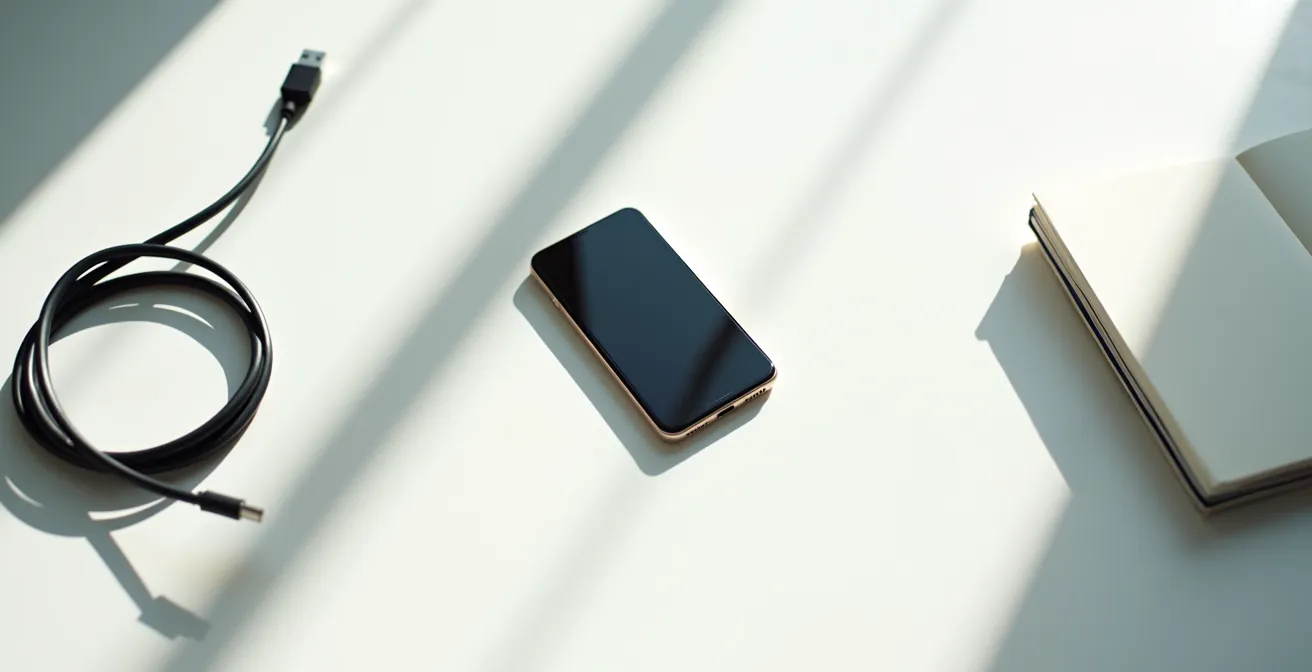 Vue environnementale d'un espace de travail minimaliste avec outils de sécurité mobile