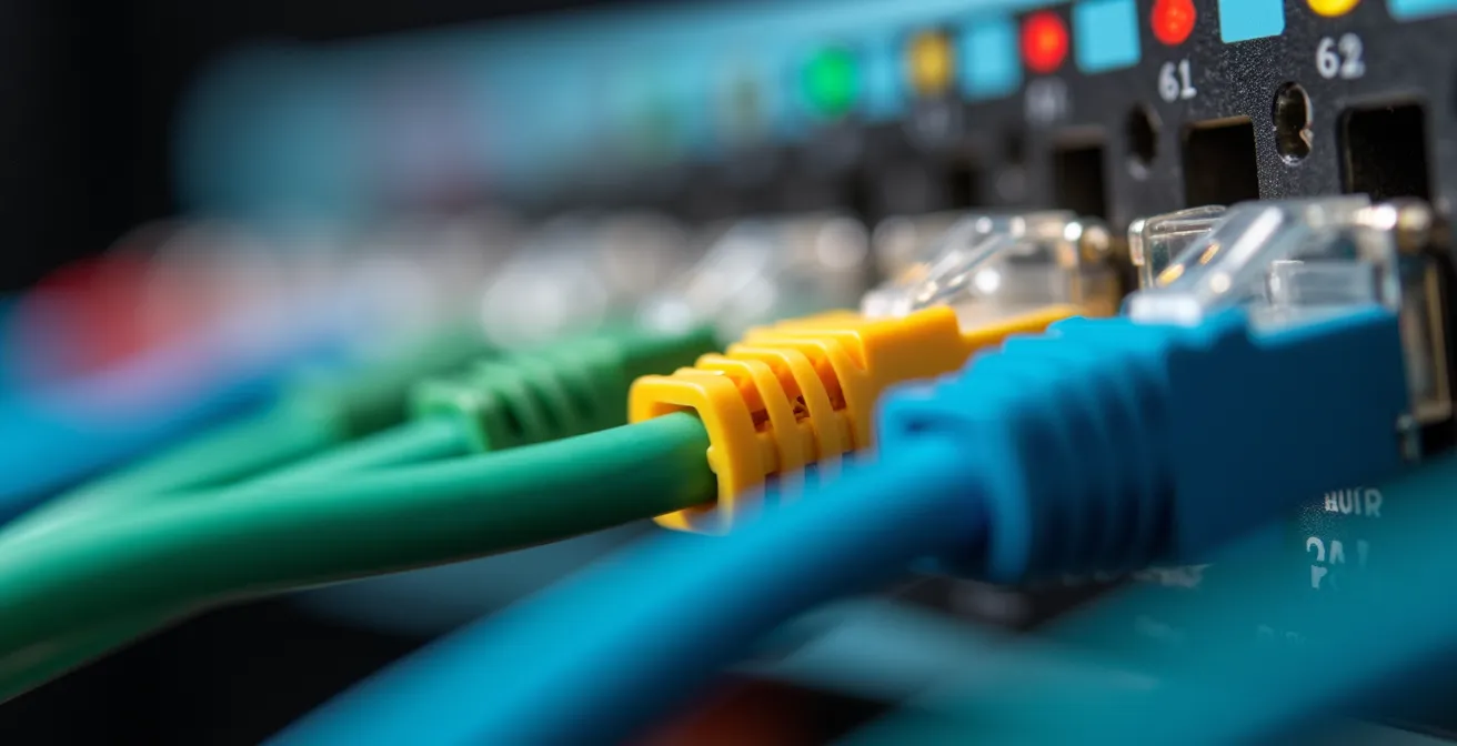 Architecture réseau avec switch manageable et câbles Ethernet colorés pour la segmentation