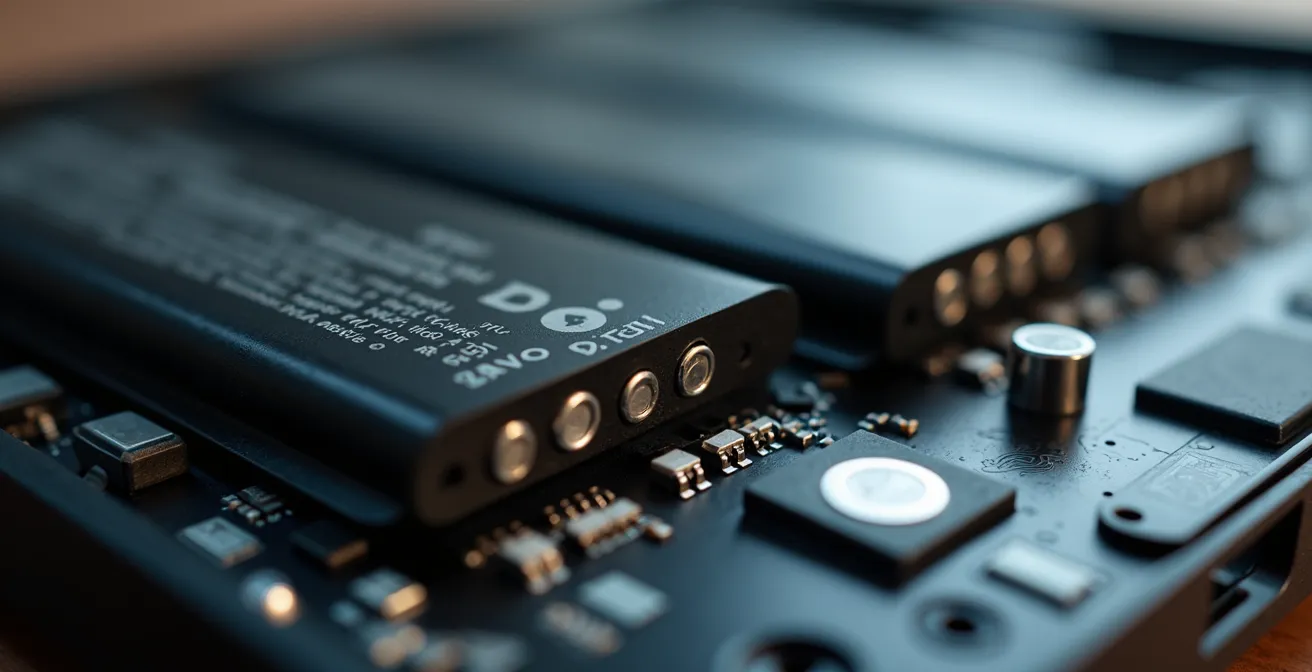 Vue macro d'une batterie lithium-ion avec indicateur de charge partielle