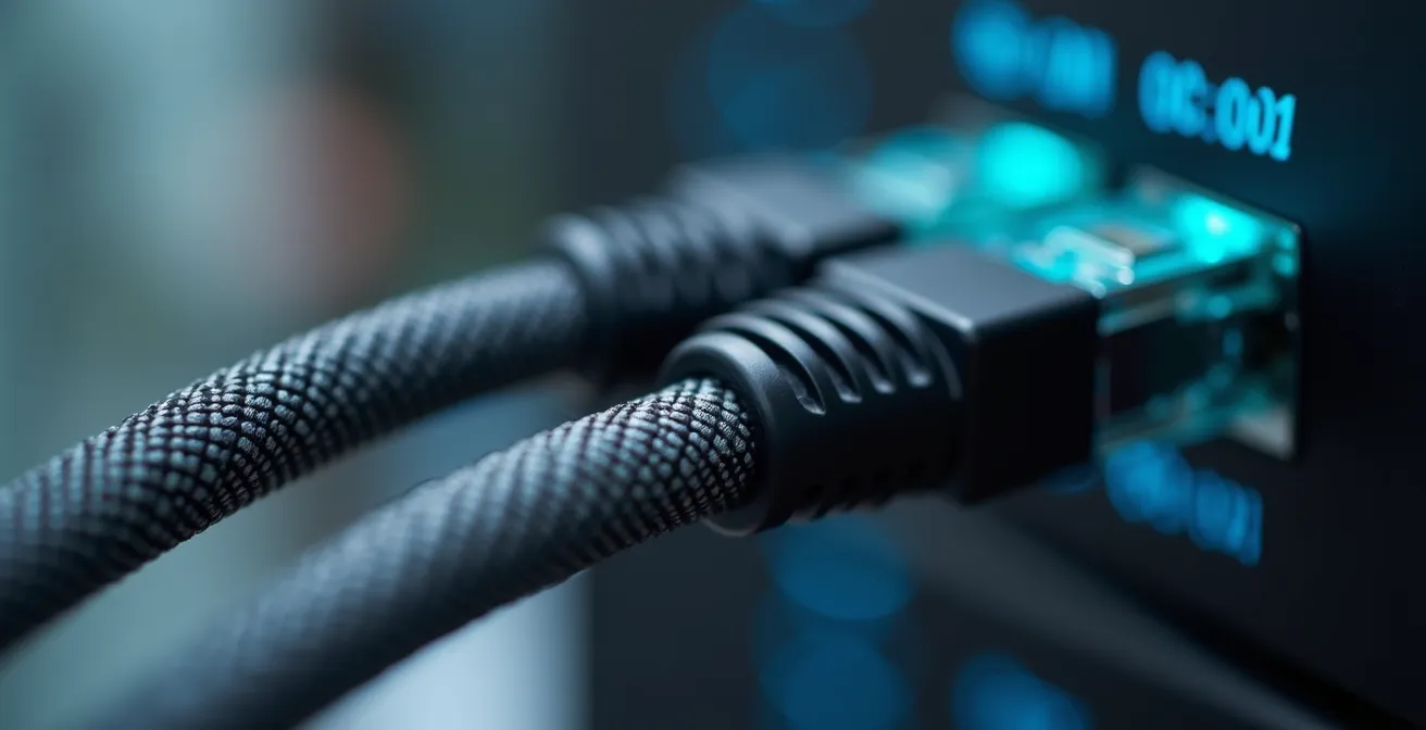 Câble Ethernet reliant deux bornes Mesh dans une maison moderne