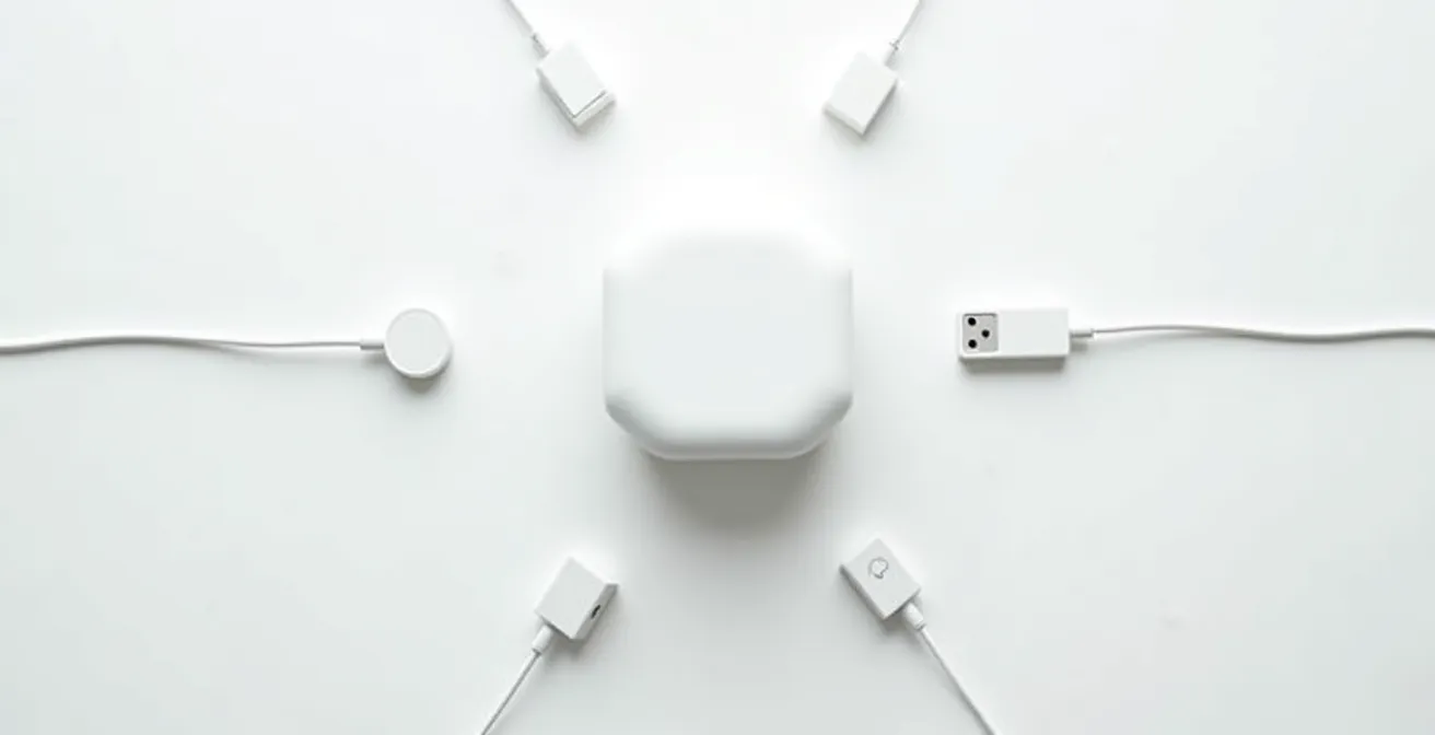 Hub domotique central entouré de différents capteurs sans fil