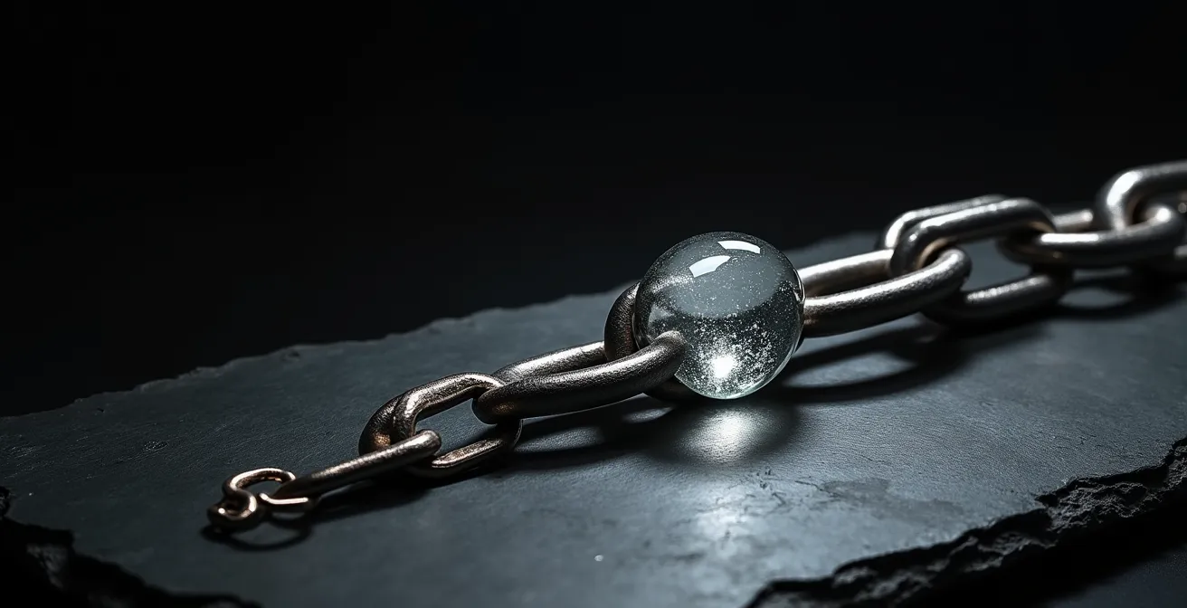 Visualisation métaphorique de la chaîne de transfert de données avec un maillon faible en verre.