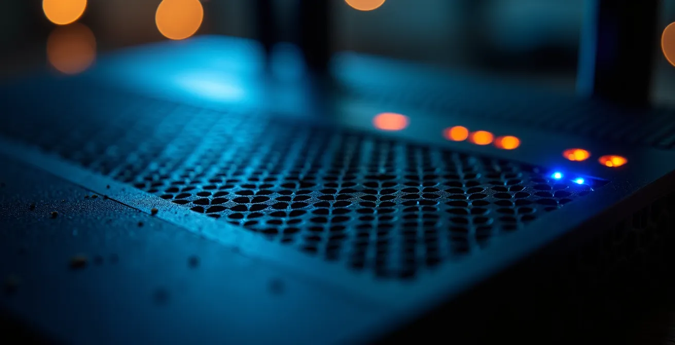 Vue macro d'un routeur avec des voyants LED montrant l'activité réseau nocturne