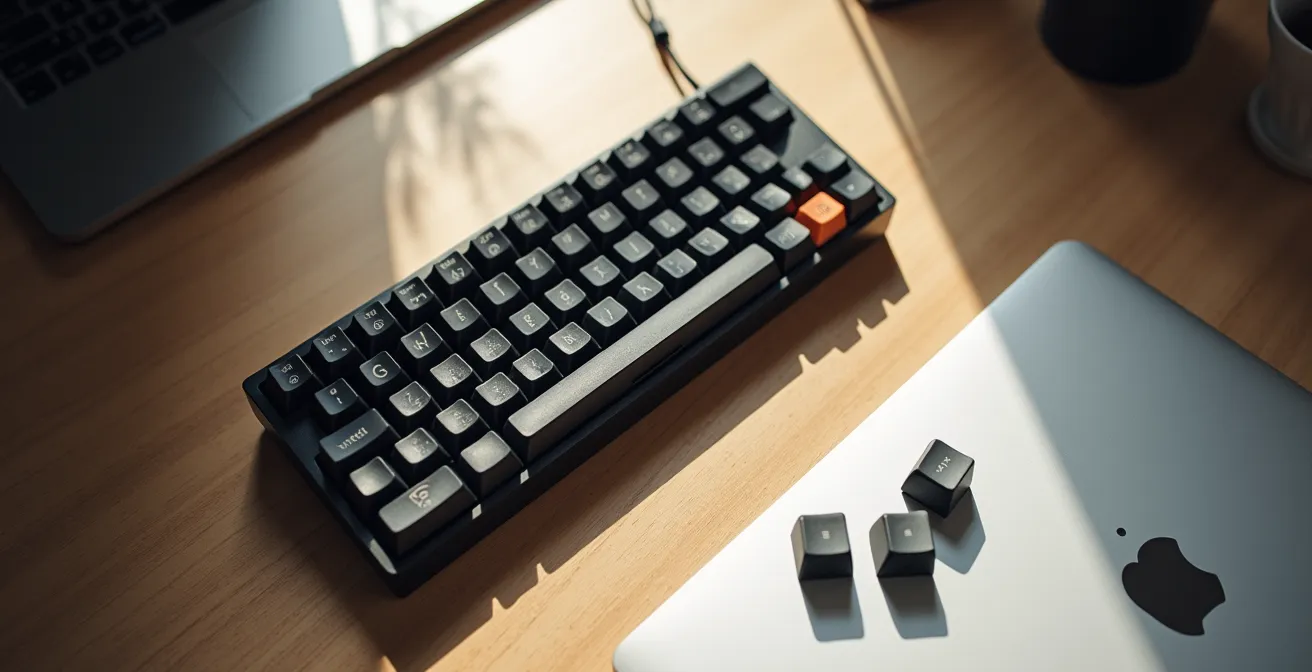 Clavier mécanique compact 60% sur bureau minimaliste