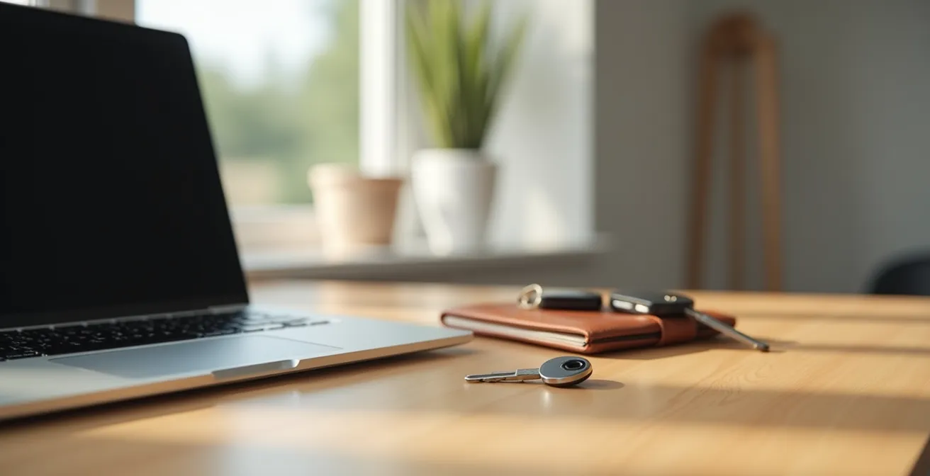Clé de sécurité physique posée sur un bureau professionnel moderne