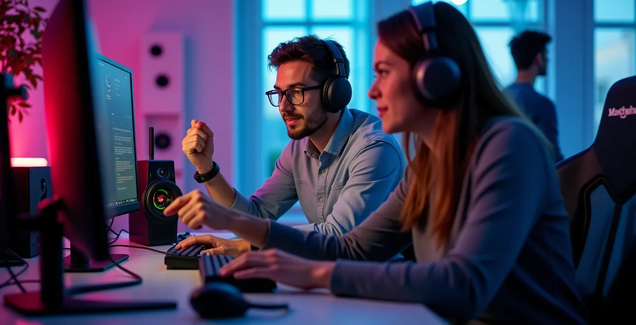 Séance de configuration audio collective dans une communauté esport