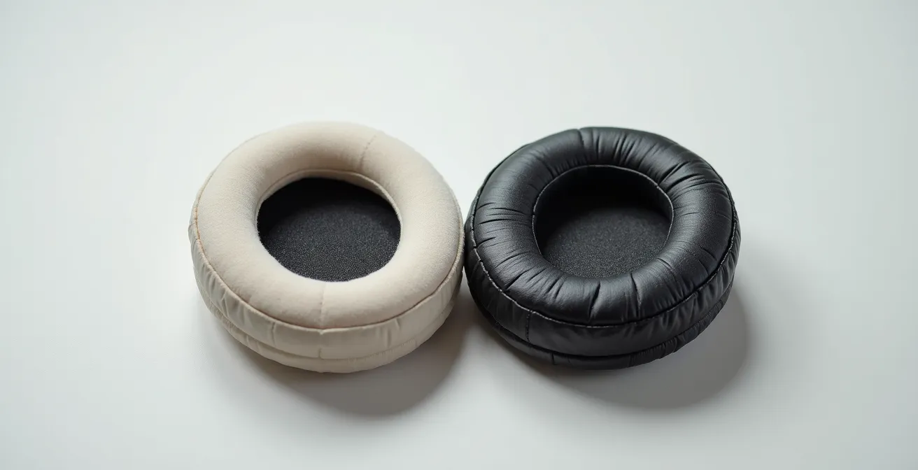 Comparaison visuelle entre des coussinets de casque neufs et usés montrant les signes d'usure