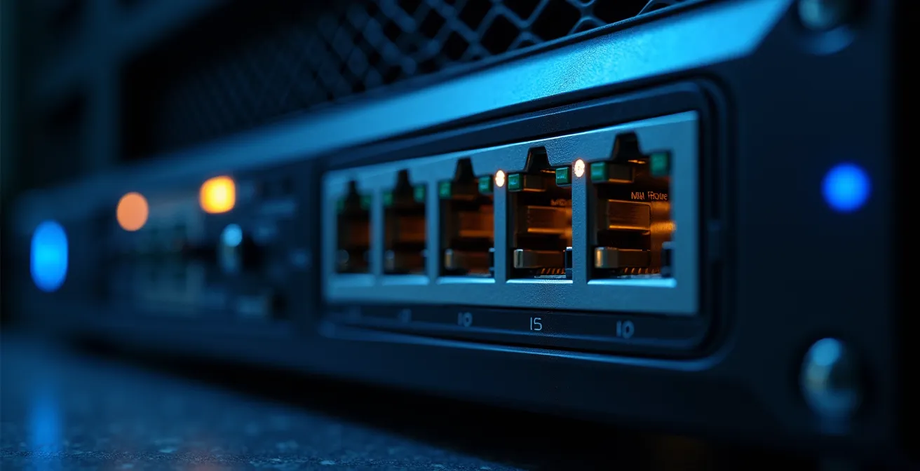 Vue macro détaillée des ports et indicateurs LED d'un serveur NAS en fonctionnement