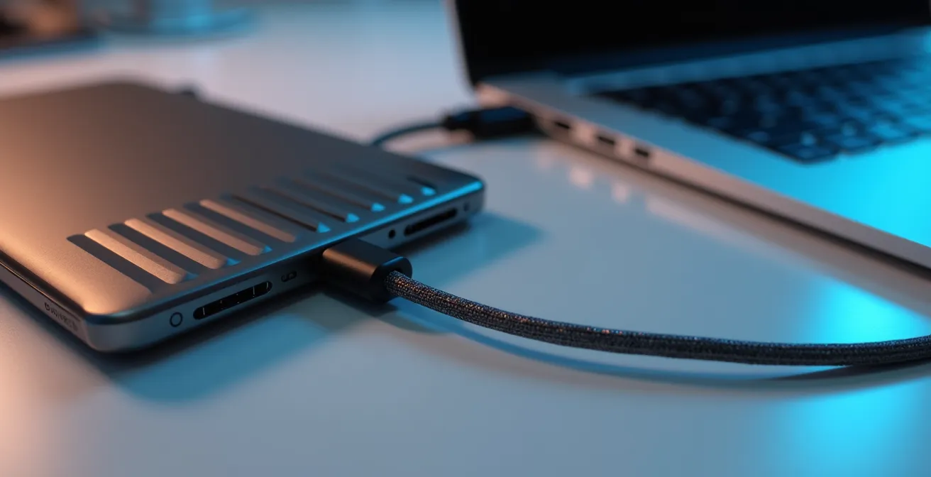 Gros plan sur un smartphone configuré en point d'accès avec un câble USB connecté à un ordinateur portable