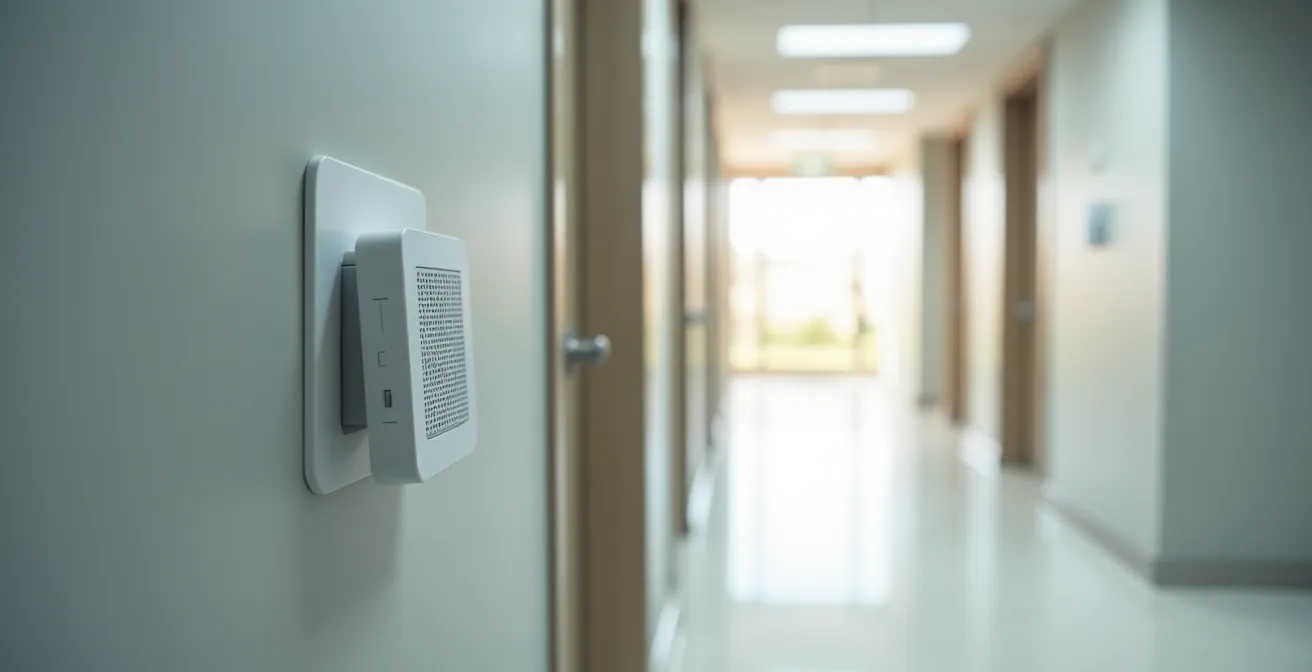 Vue en perspective d'un couloir moderne avec un répéteur WiFi placé stratégiquement au milieu