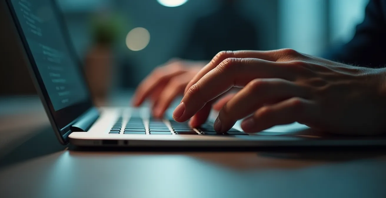 Mains tapant rapidement sur un clavier avec effet de vitesse et urgence