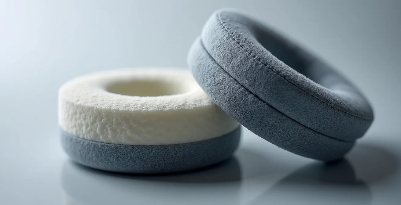 Vue macro détaillée de coussinets en mousse à mémoire de forme d'un casque audio professionnel