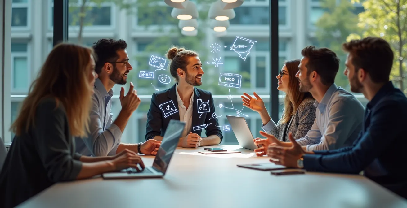 Développeur en discussion avec des collègues autour d'une table, échangeant des idées avec des gestes expressifs
