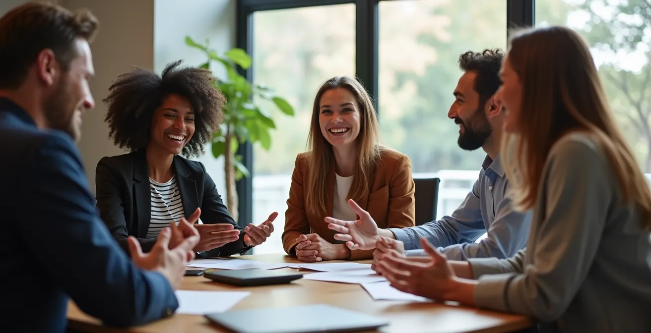 Groupe de professionnels en session de formation collaborative autour d'une table ronde