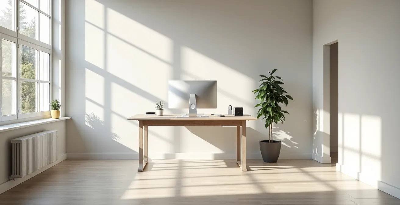 Espace de travail moderne avec bureau assis-debout, illustrant la possibilité d'alterner les postures.