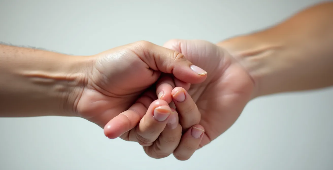 Gros plan sur des mains effectuant un étirement actif des fléchisseurs pour prévenir les TMS.