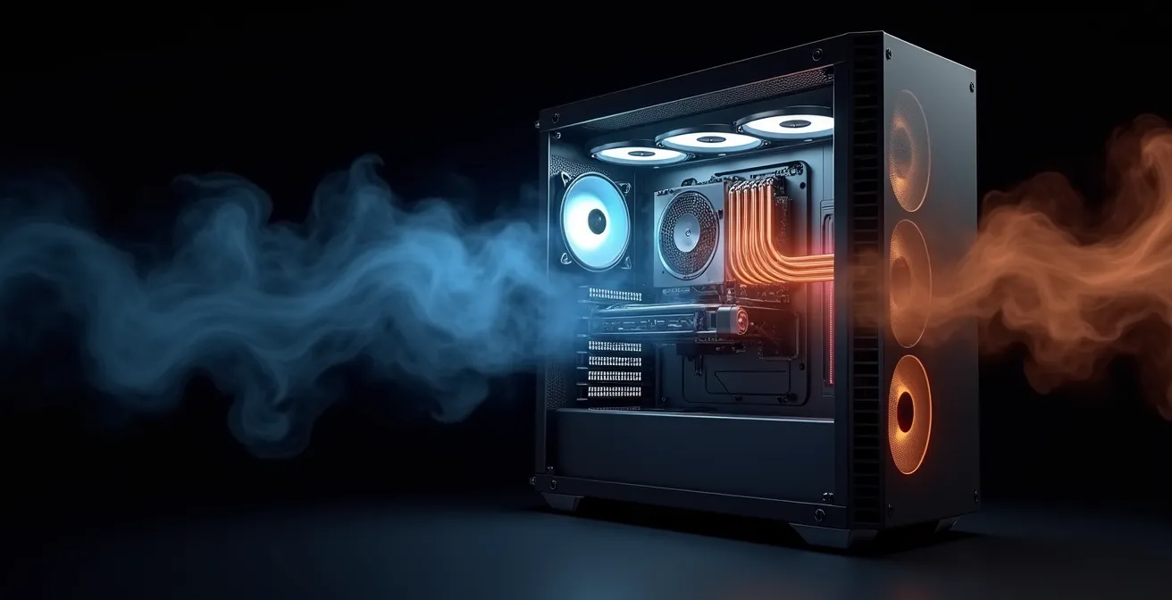 Schéma du flux d'air dans un boîtier PC montrant la différence entre pression positive et négative