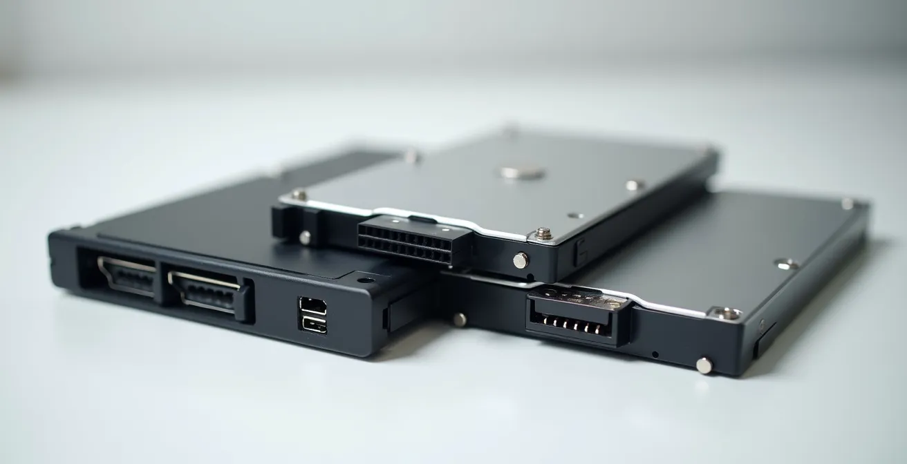 Guide visuel montrant les différents types de connecteurs SSD SATA et NVMe M.2