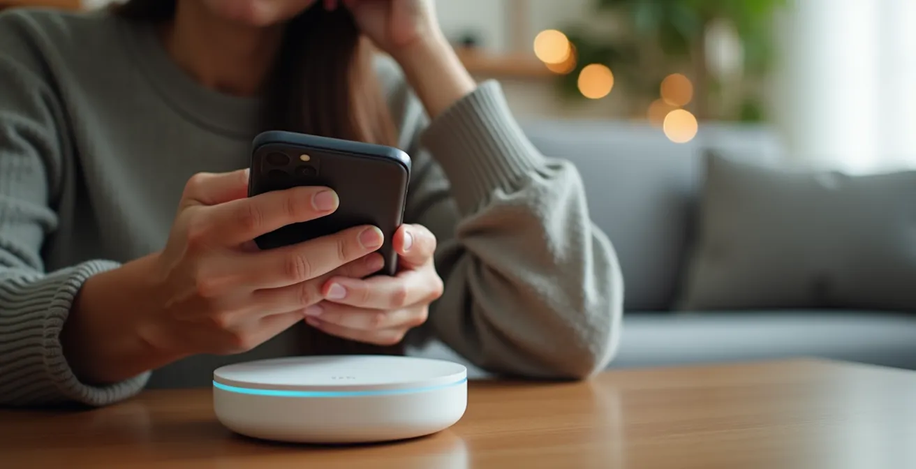 Personne configurant un système Mesh avec smartphone dans un salon moderne