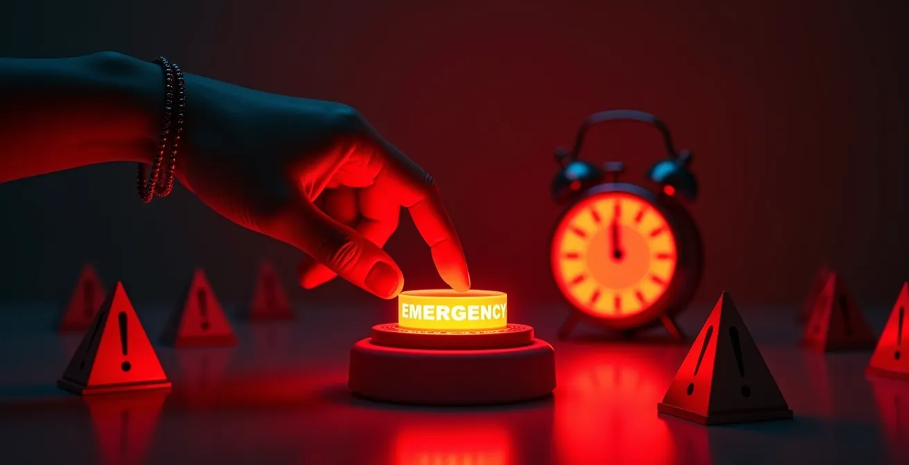 Illustration métaphorique montrant une personne face à un chronomètre et des signaux d'alerte visuels