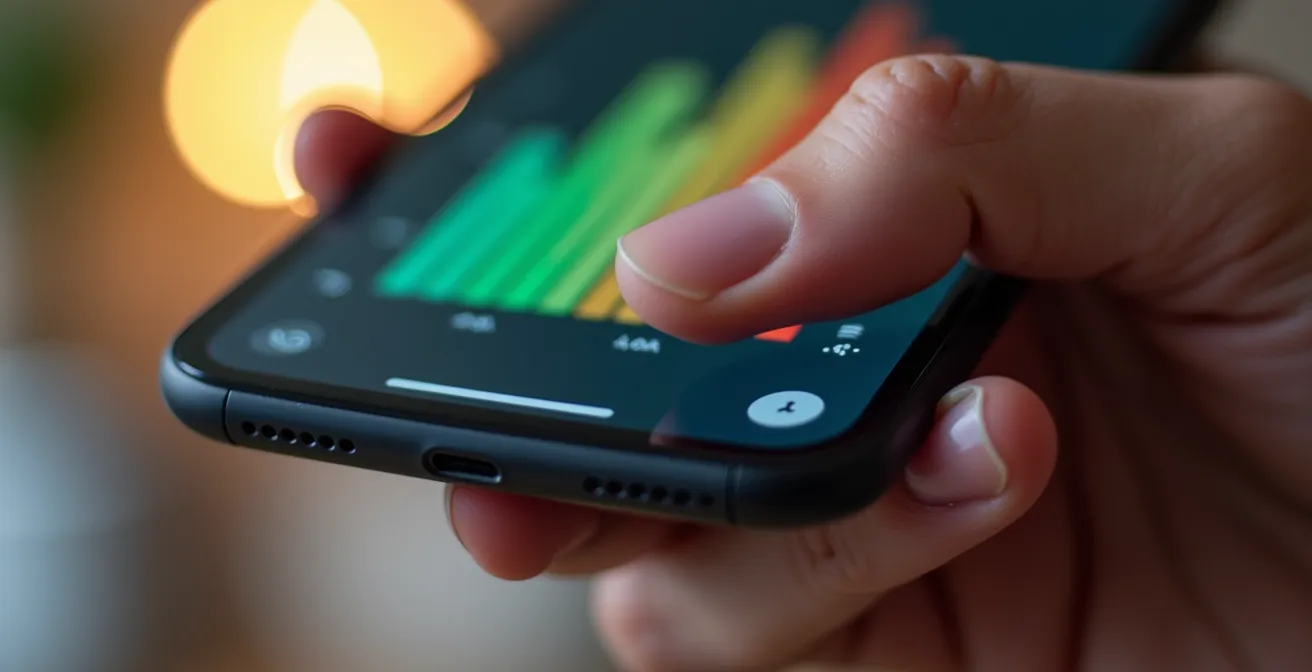 Gros plan sur une main tenant un smartphone affichant des barres de signal colorées sans texte lisible