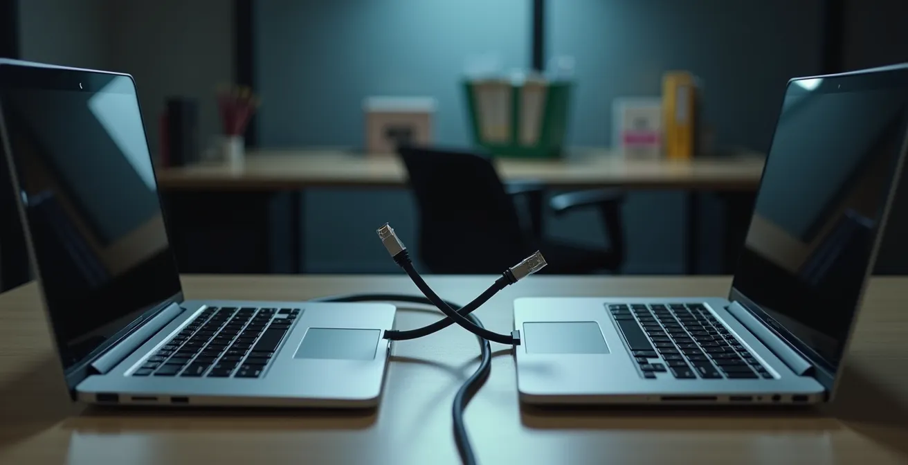 Deux ordinateurs portables côte à côte reliés par un câble de transfert dans un environnement de bureau professionnel