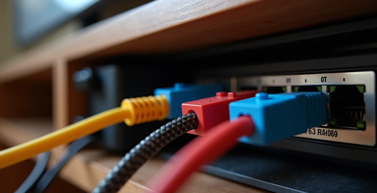 Installation professionnelle de switch et câbles Ethernet dissimulés dans un meuble TV moderne