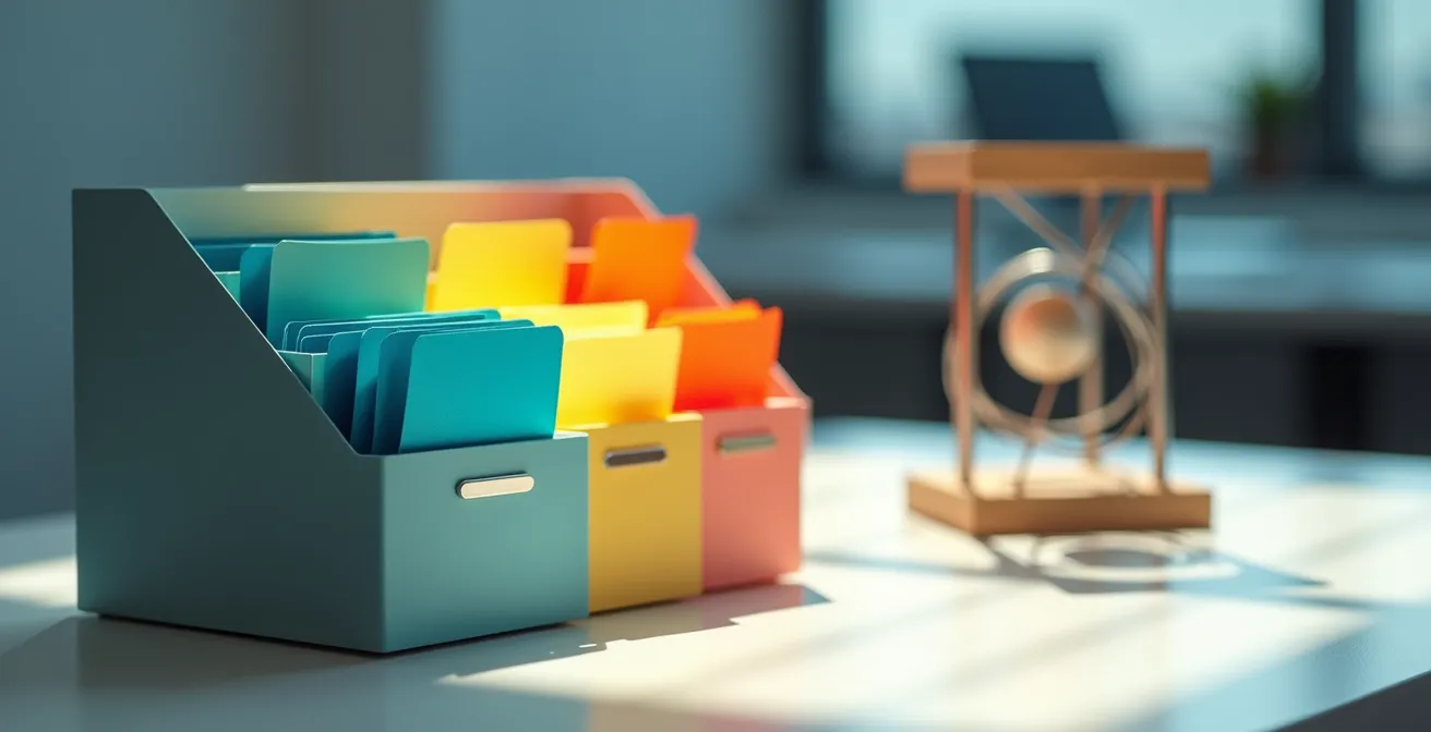 Système visuel d'organisation des emails avec dossiers colorés et flux automatisé