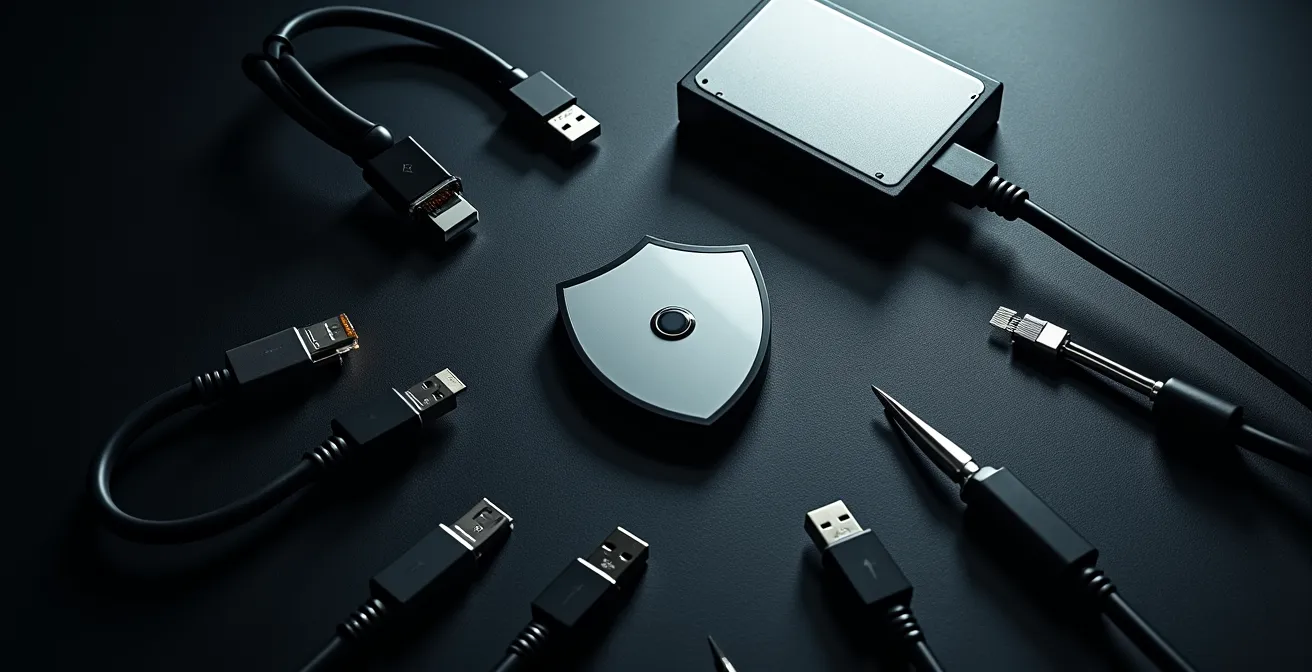 Vue en plongée d'un bureau avec plusieurs outils de sécurité informatique disposés de manière organisée