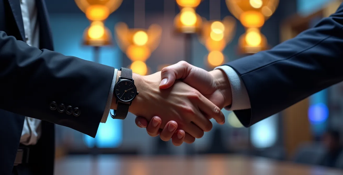 Poignée de main professionnelle avec trophée esport flou en arrière-plan