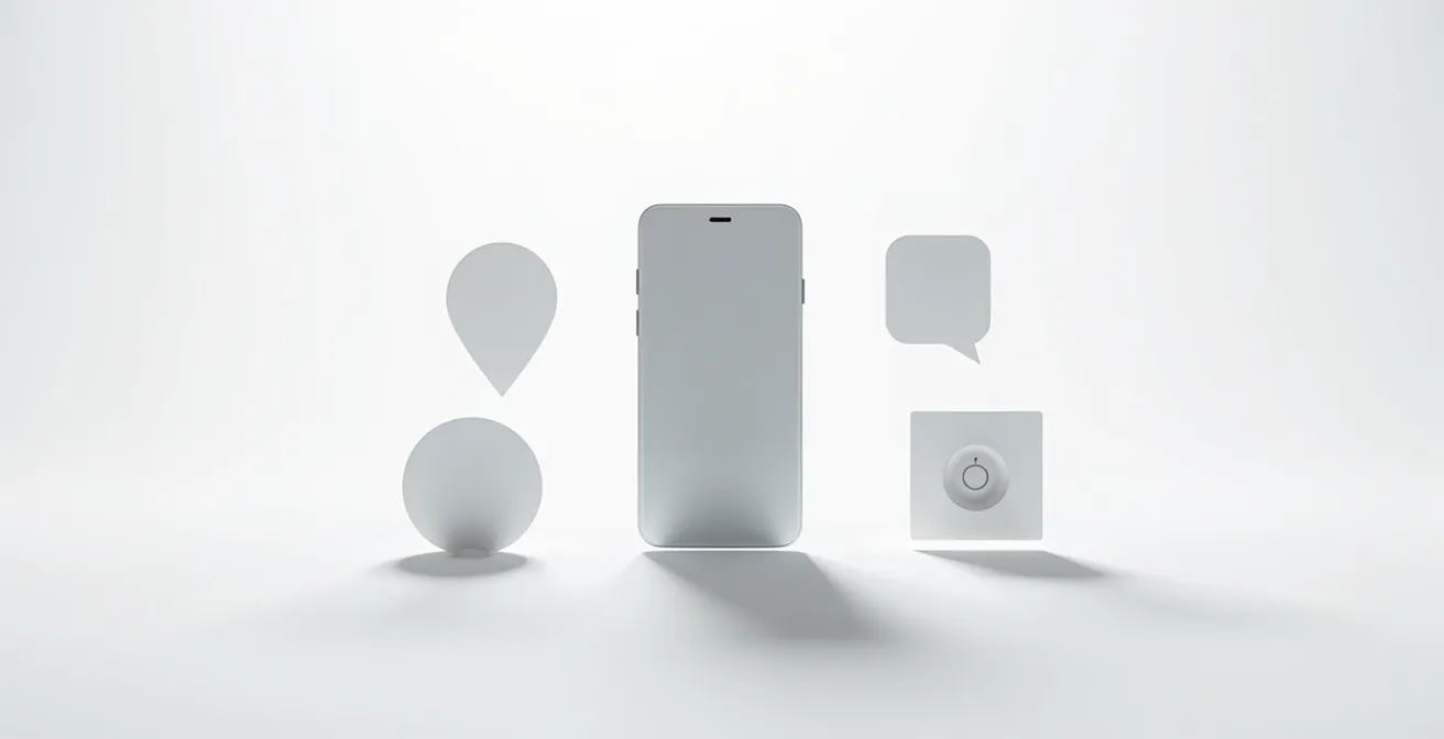 Composition abstraite de symboles de permissions flottants autour d'un téléphone