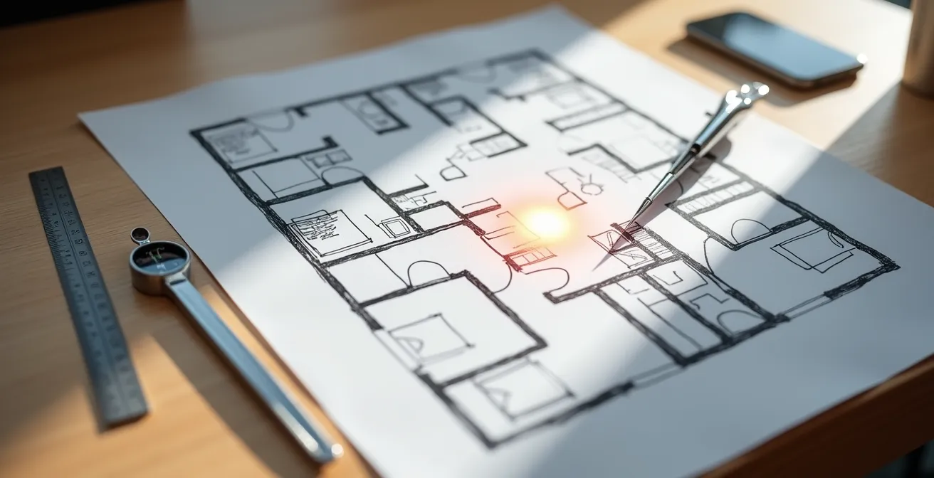 Plan d'appartement avec zones de couverture Wi-Fi et emplacement stratégique de la prise fibre