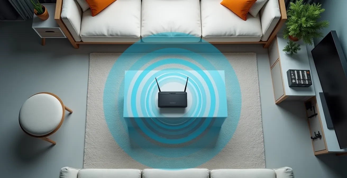Vue aérienne d'un salon montrant le placement central idéal d'un routeur Wi-Fi avec visualisation des ondes