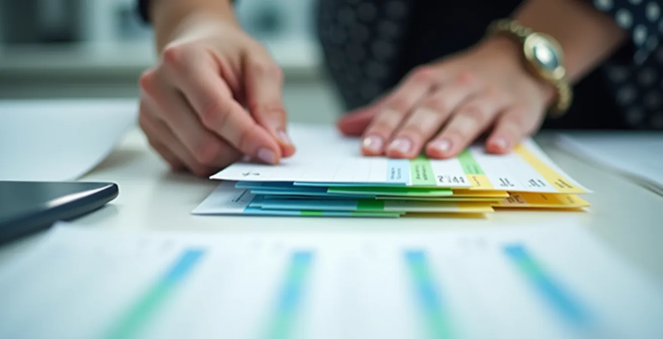 Vue macro de mains organisant des fiches colorées sur une surface de travail épurée