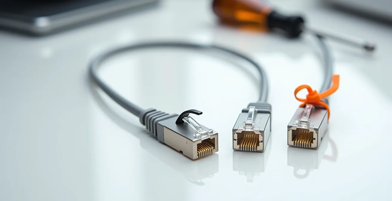 Gros plan sur trois méthodes de réparation d'ergot RJ45 : clip de réparation noir, manchon de protection transparent et collier de serrage