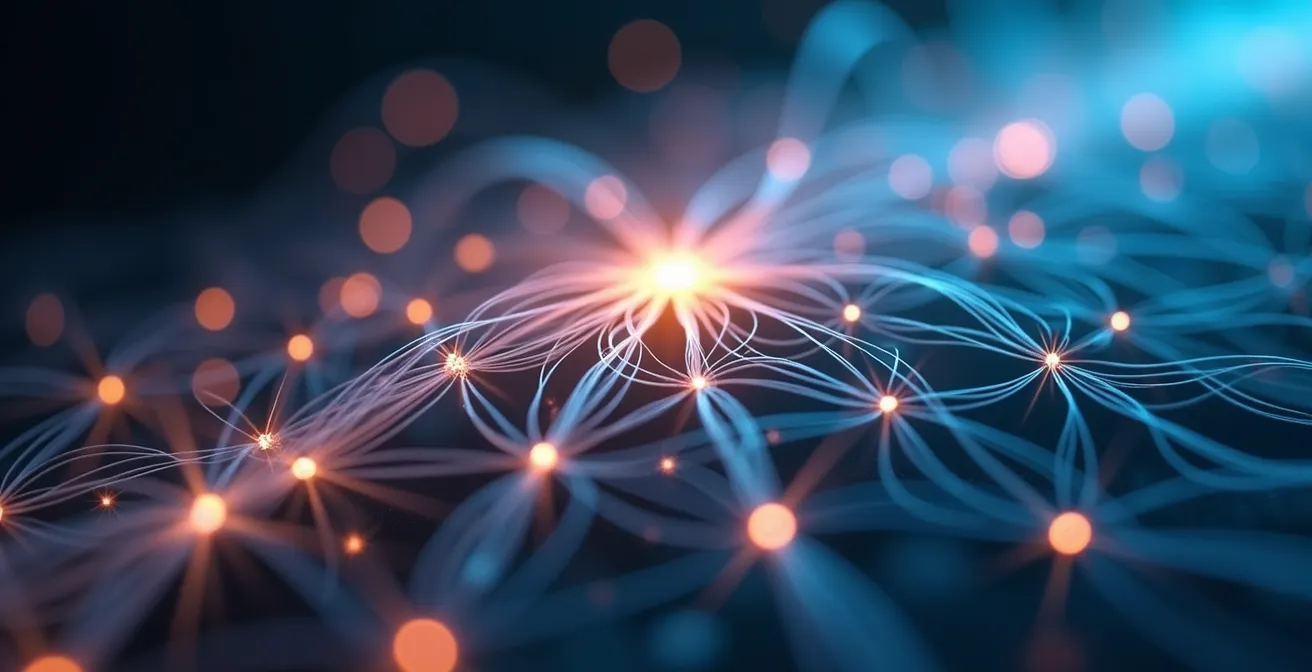 Visualisation artistique d'un réseau maillé avec points lumineux interconnectés symbolisant la réactivité de Thread