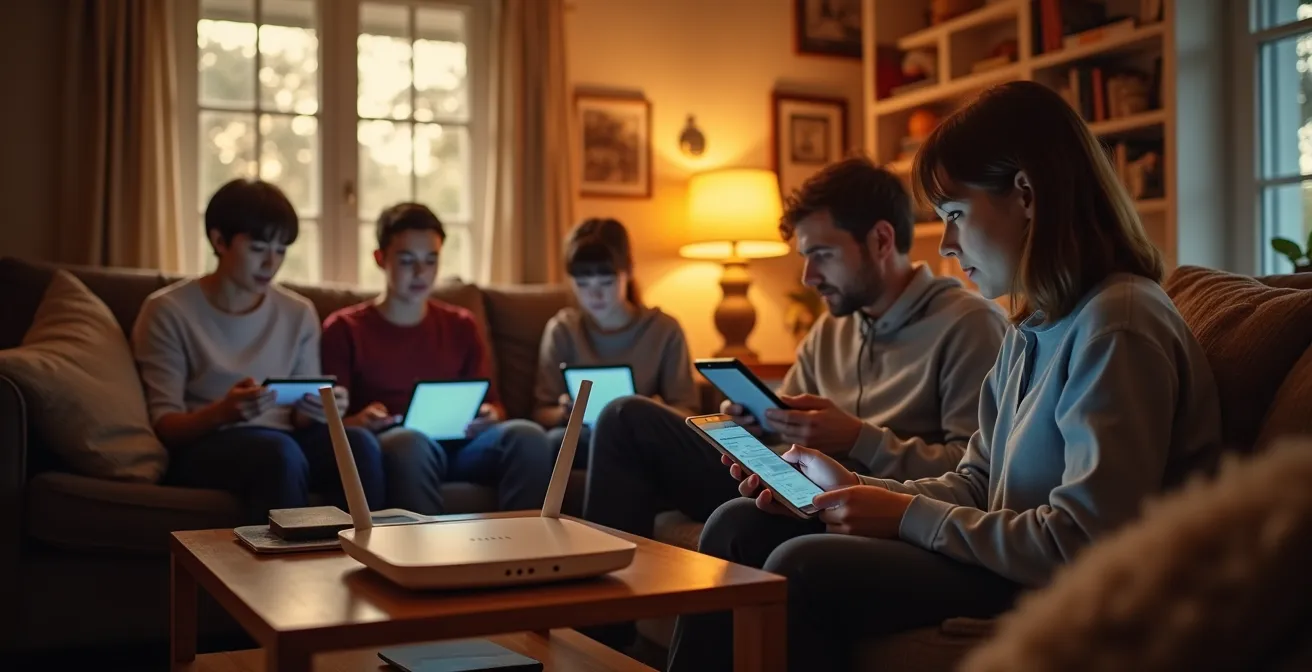 Routeur Wi-Fi moderne au centre d'une maison avec plusieurs appareils connectés visibles