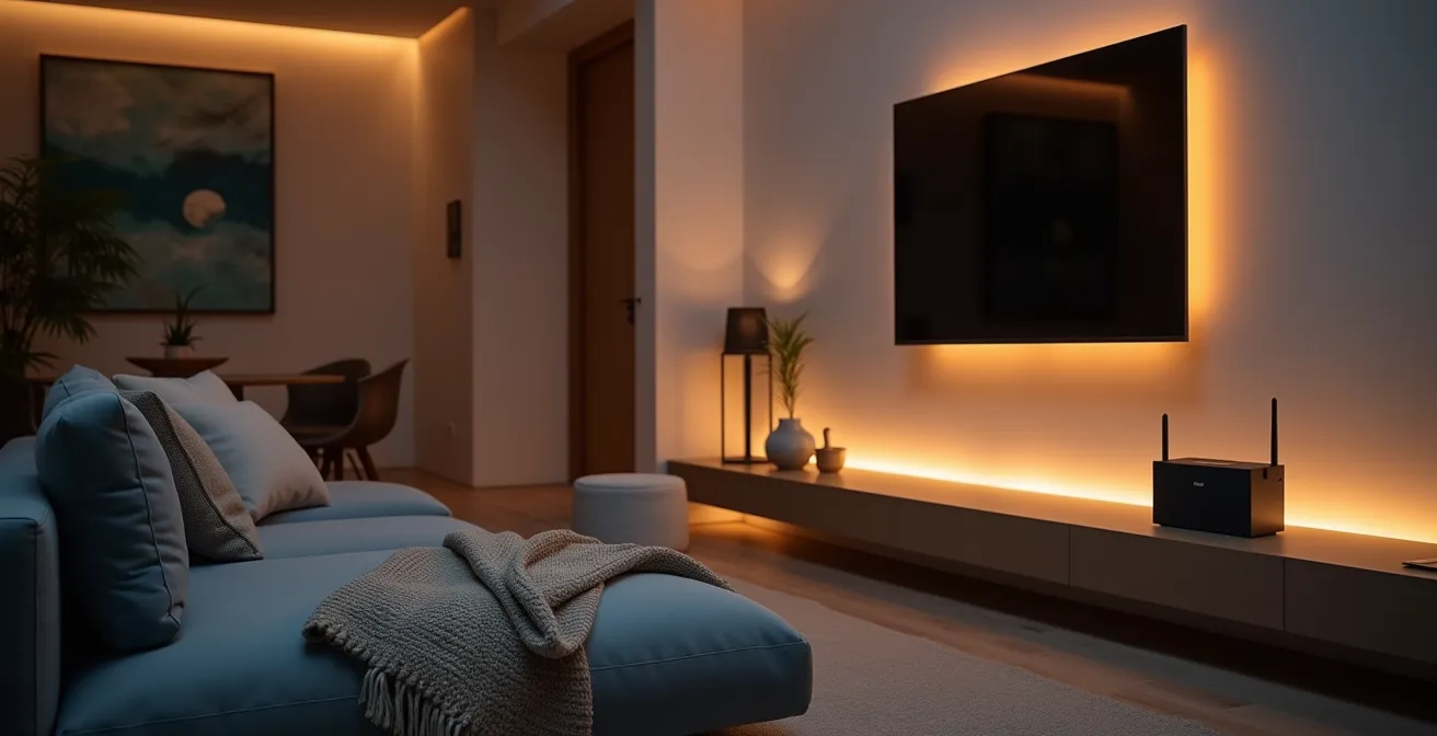 Salon moderne minimaliste avec télévision murale et routeur discret, ambiance cinéma maison
