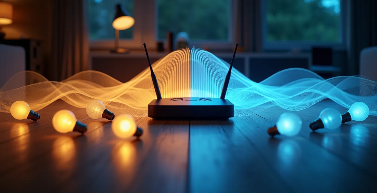 Visualisation artistique de deux réseaux Wi-Fi séparés avec des ondes colorées différentes pour le 2.4GHz et le 5GHz