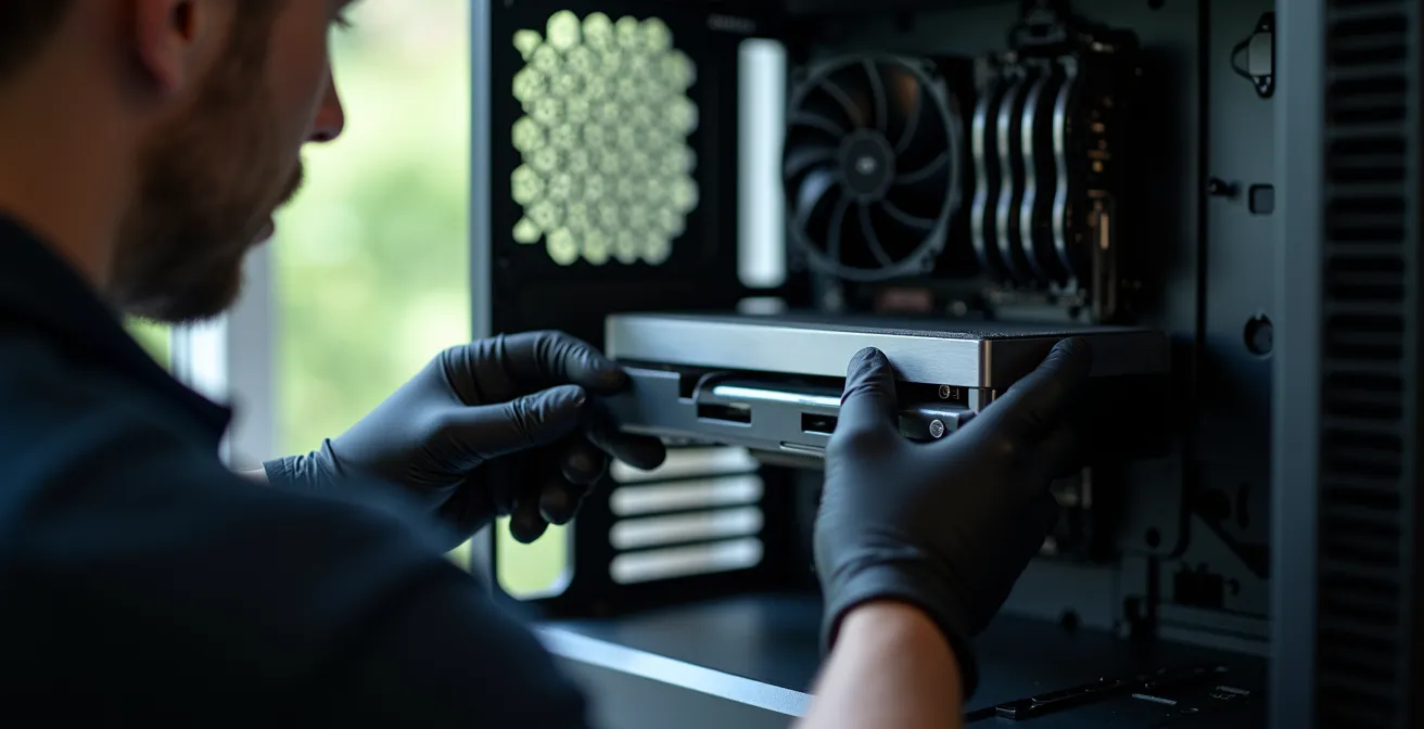 Vue intérieure d'un boîtier PC montrant le support de carte graphique et flux d'air