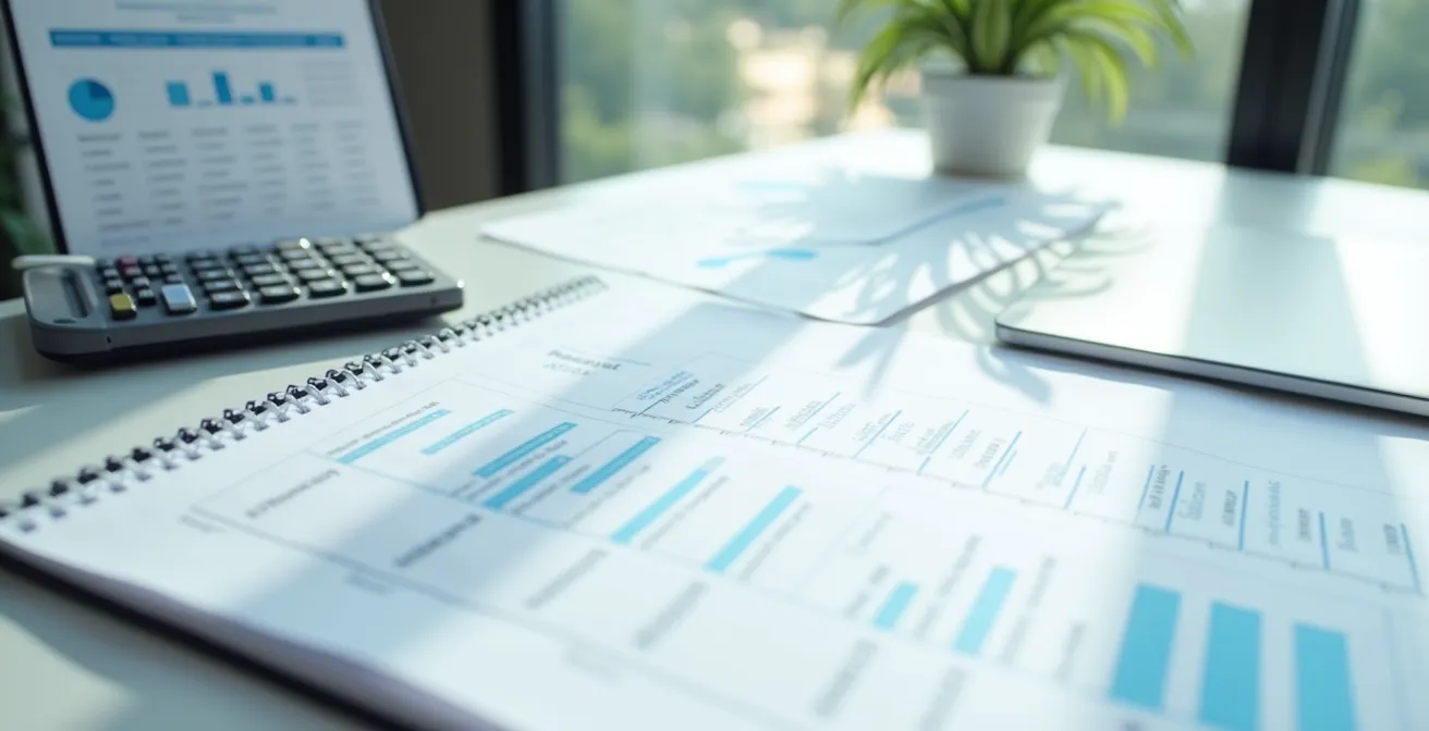 Vue aérienne d'un bureau avec calendrier et documents financiers floutés