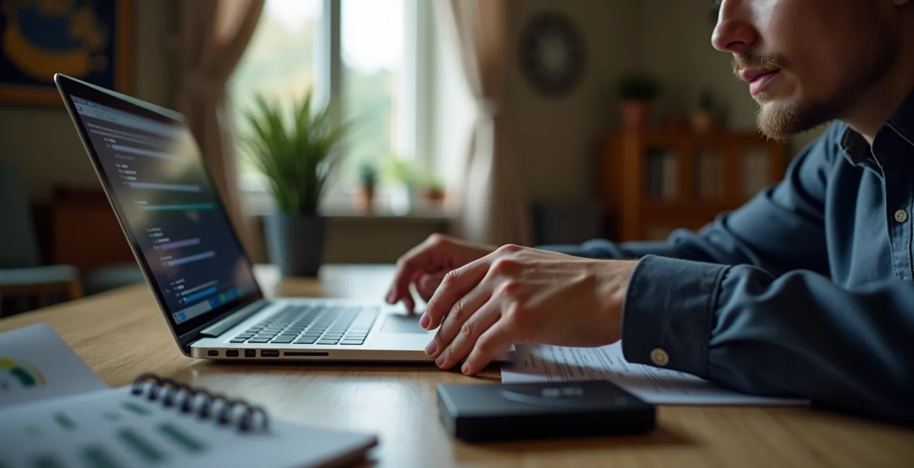 Personne vérifiant la restauration de données sur un ordinateur avec expression concentrée