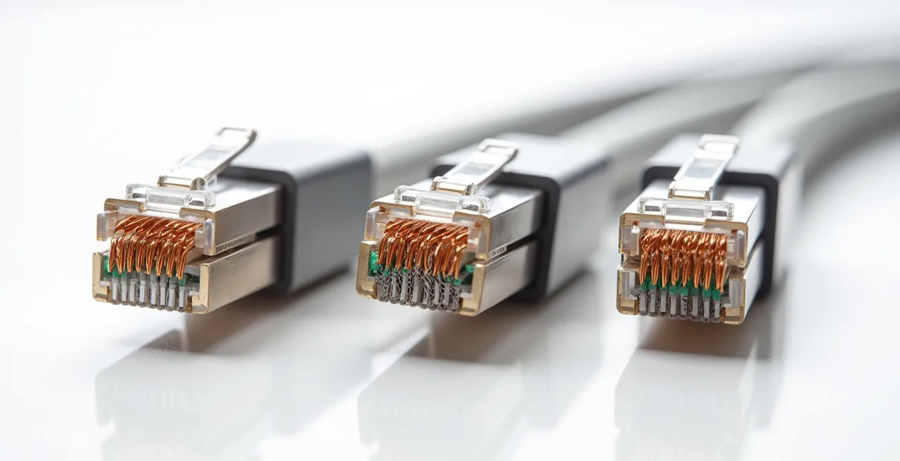 Vue en coupe de trois câbles Ethernet montrant les différents niveaux de blindage : UTP sans protection, F/UTP avec feuille d'aluminium, et S/FTP avec tresse métallique