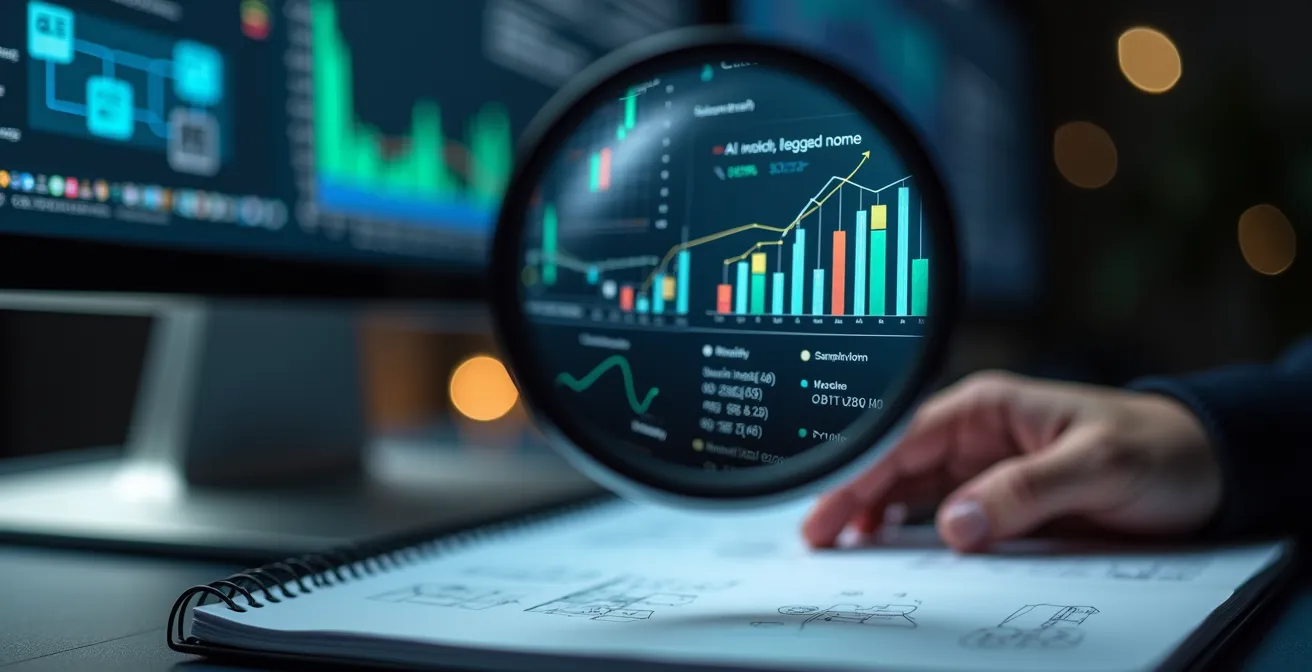 Écran d'ordinateur montrant des graphiques de données avec loupe examinant les détails, suggérant l'analyse critique